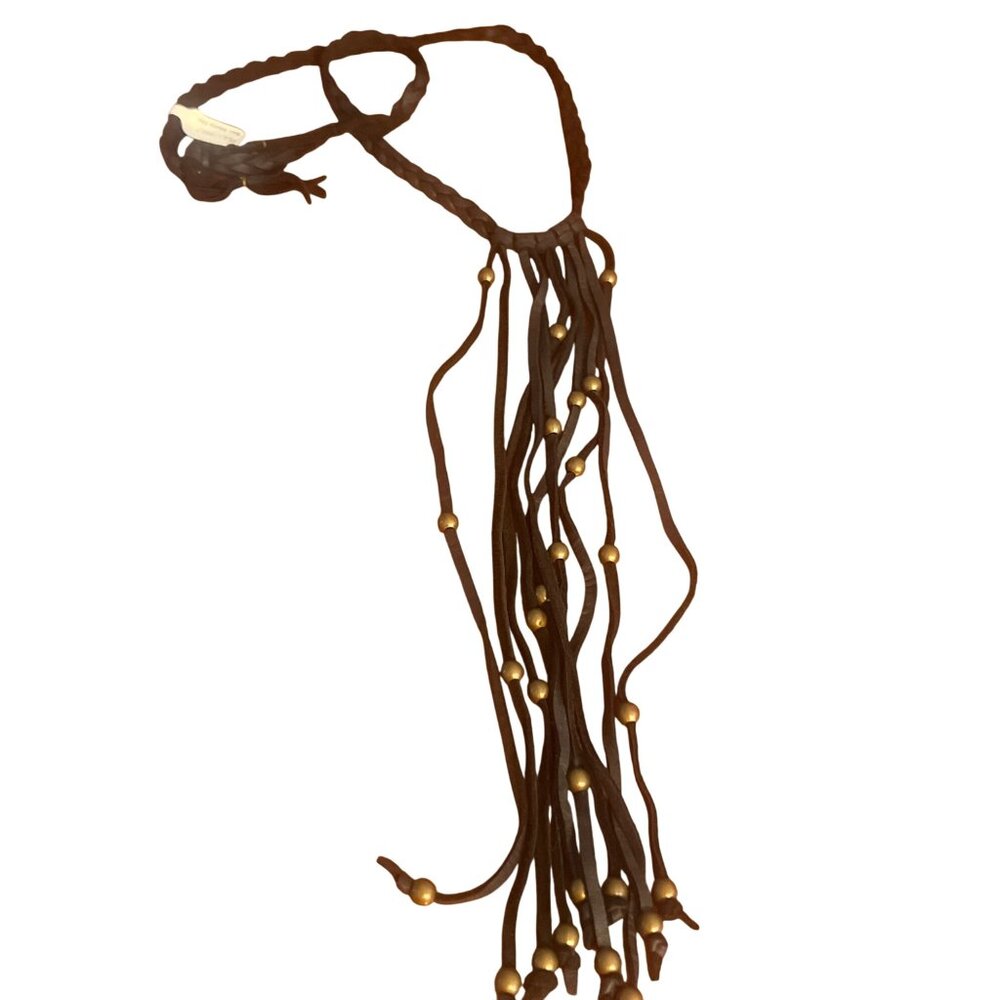 Marfa Black Braided Leather Choker Collar Necklace Fringe Beads Slide Adj NWT